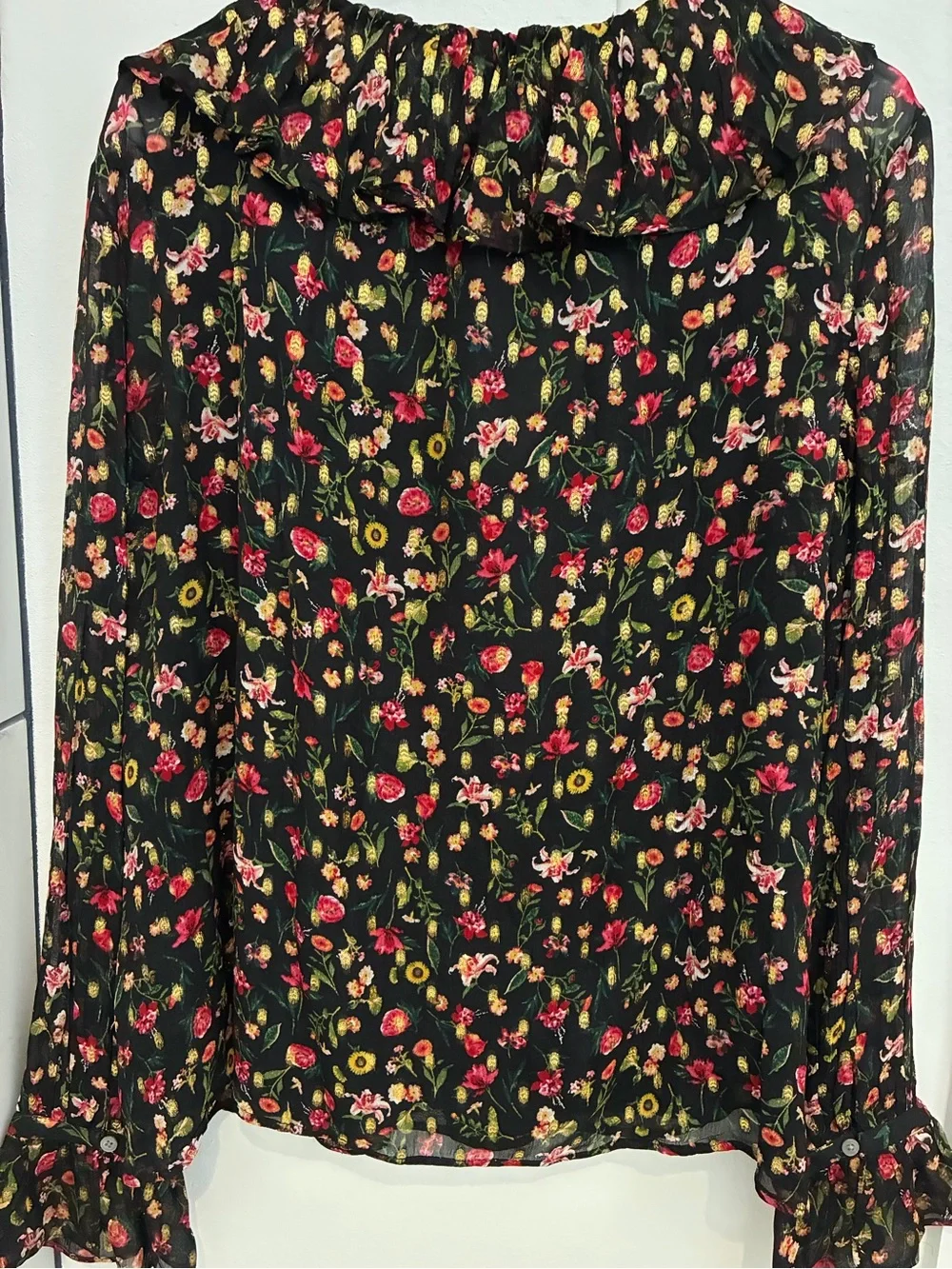 J. Crew Black Sheer Floral Ruffle Blouse with Pink and Yellow Blooms